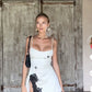 White suspenders low-cut sexy waist slimming irregular skirt lace design short skirt homecoming dress R3890