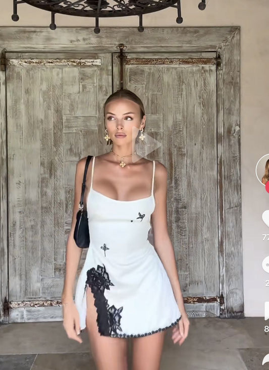 White suspenders low-cut sexy waist slimming irregular skirt lace design short skirt homecoming dress R3890