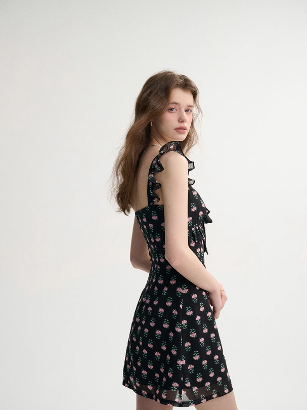 French style black skirt floral suspender skirt short dress R2696