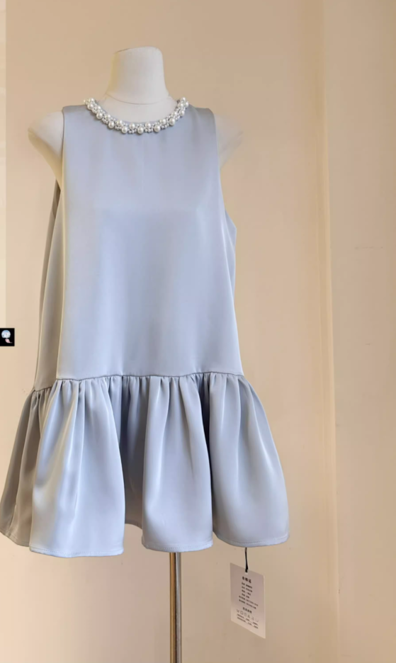 French high-end pearl round-neck sleeveless vest dress silver-gray ruffled short skirt R1990