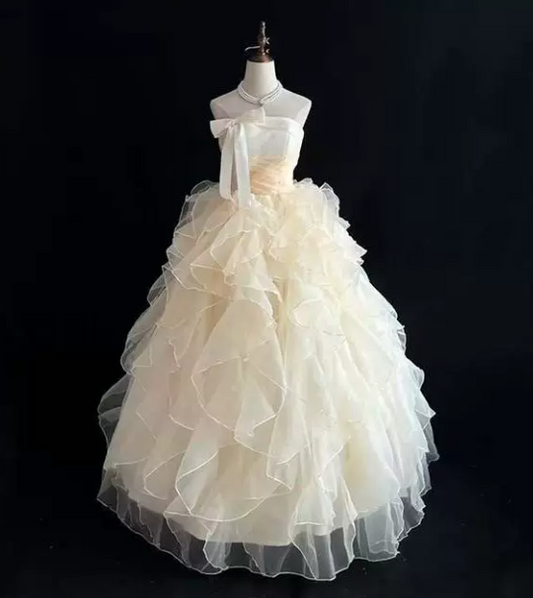 Elegant Pastel Yellow Quinceanera Dress ,A-Line Strapless Pleated Corset Maxi Evening Dress RS1092
