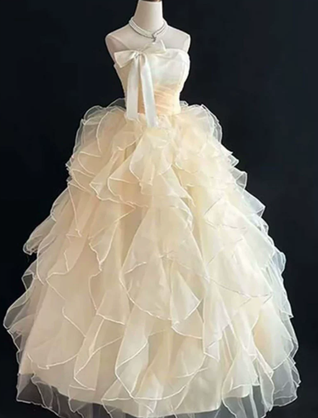 Elegant Pastel Yellow Quinceanera Dress ,A-Line Strapless Pleated Corset Maxi Evening Dress RS1092