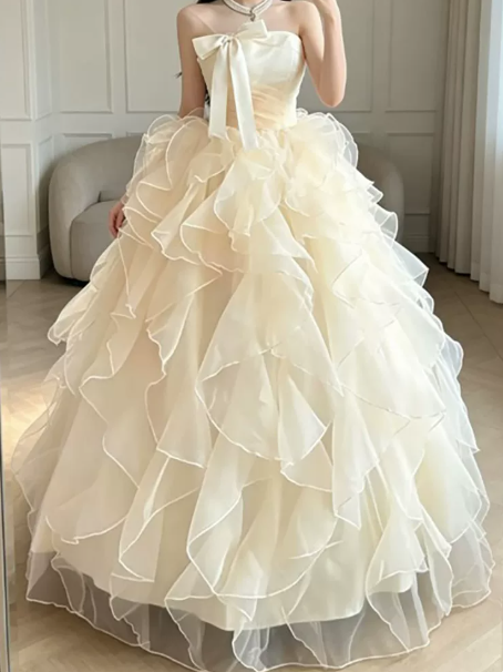 Elegant Pastel Yellow Quinceanera Dress ,A-Line Strapless Pleated Corset Maxi Evening Dress RS1092