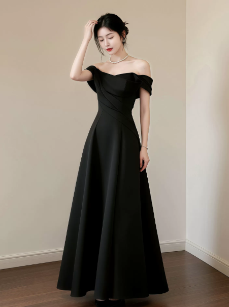 Elegant Black Prom Dress ,A-Line Bateau Minimalist Corset Maxi Evening Dress RS1093