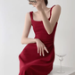 Retro red square neck suspender dress temperament waist banquet engagement A-line dress R1427