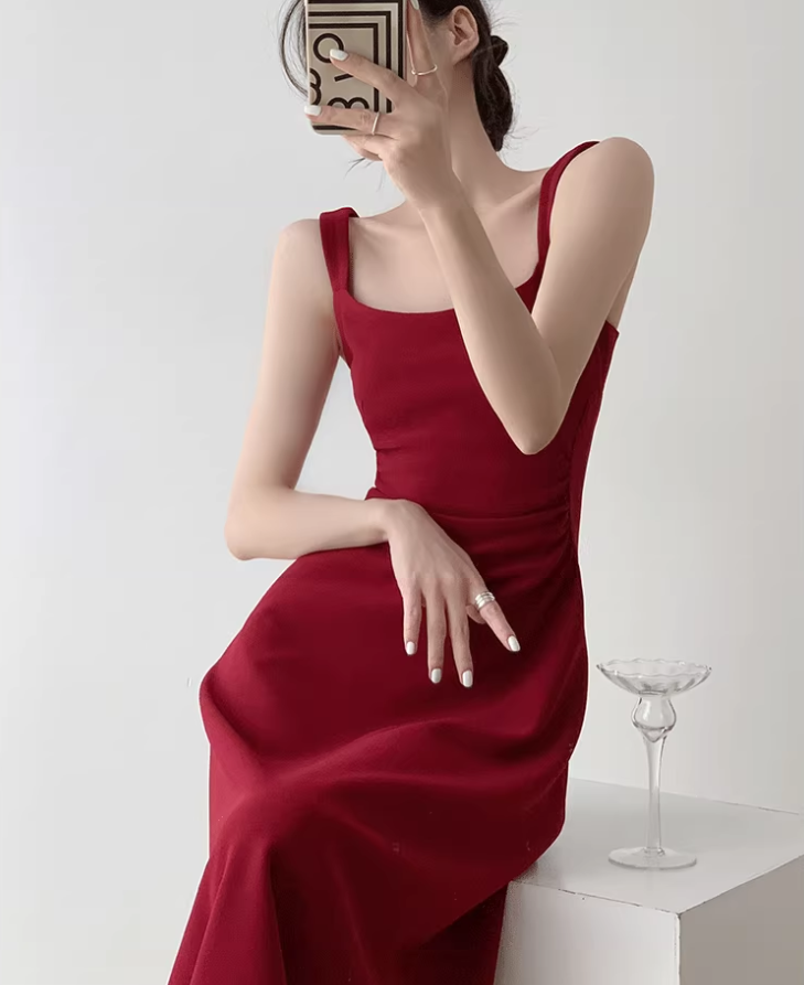 Retro red square neck suspender dress temperament waist banquet engagement A-line dress R1427