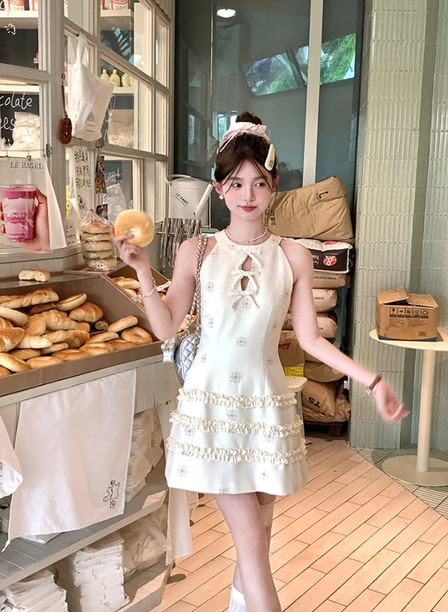 Solid color halter neck sleeveless waist dress summer French temperament retro skirt R4703