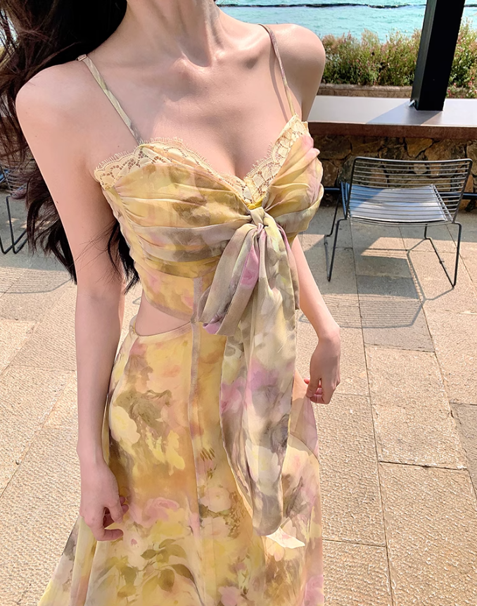 Gentle style floral suspender dress with backless and beautiful long dress R0561