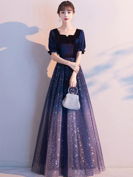Glitter Starry Sky Prom Dress ,A-Line Square-neck Navy Corset Maxi Evening Dress RS1094