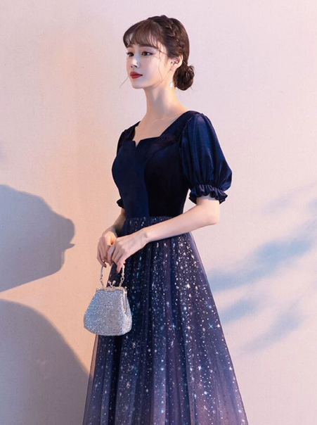 Glitter Starry Sky Prom Dress ,A-Line Square-neck Navy Corset Maxi Evening Dress RS1094