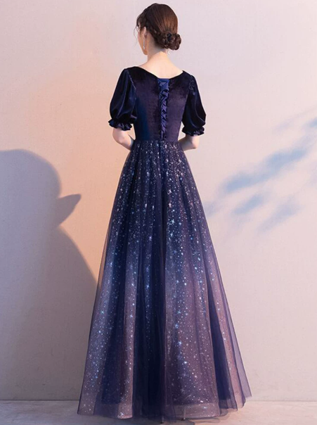 Glitter Starry Sky Prom Dress ,A-Line Square-neck Navy Corset Maxi Evening Dress RS1094