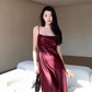 Sexy embossed satin suspender dress with slits for vacation with acetate high-end skirt R1464
