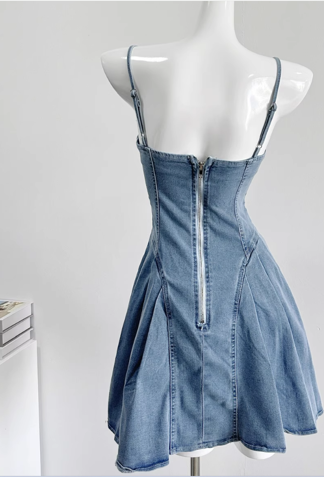 Sexy sweet and spicy elastic denim suspender skirt with straps and tube top A-line skirt R1994
