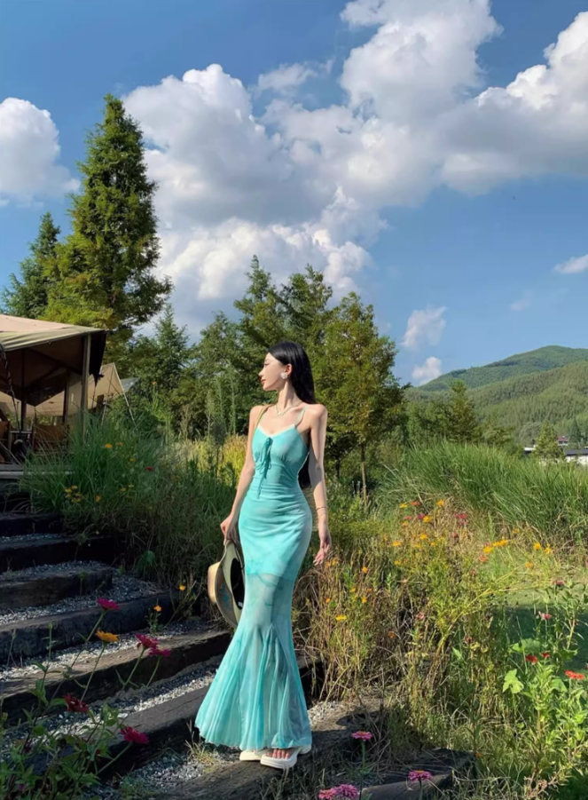 Beautiful step by step lotus fishtail dress sexy temperament holiday show figure suspender skirt R1568