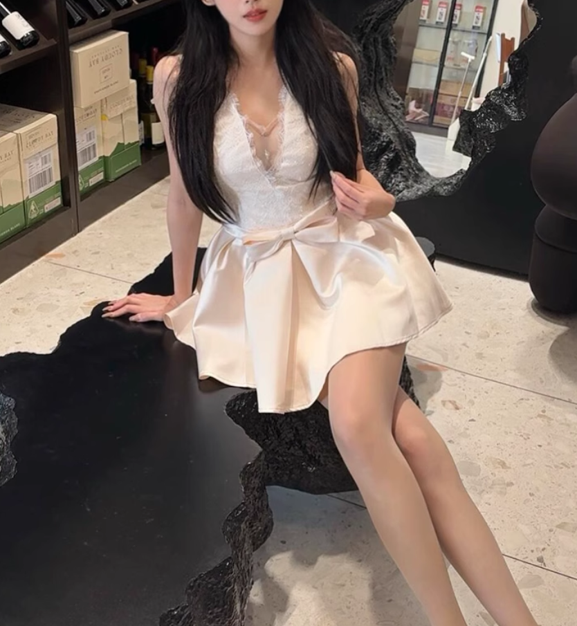 Lace patchwork dress for women, elegant waist bow dress R3138