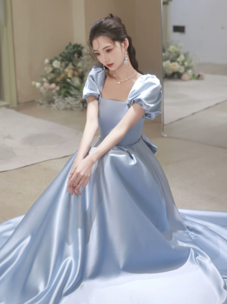 Minimalist Blue Prom Dress ,A-Line Square-neck Puff Sleeves Corset Maxi Evening Dress RS1109