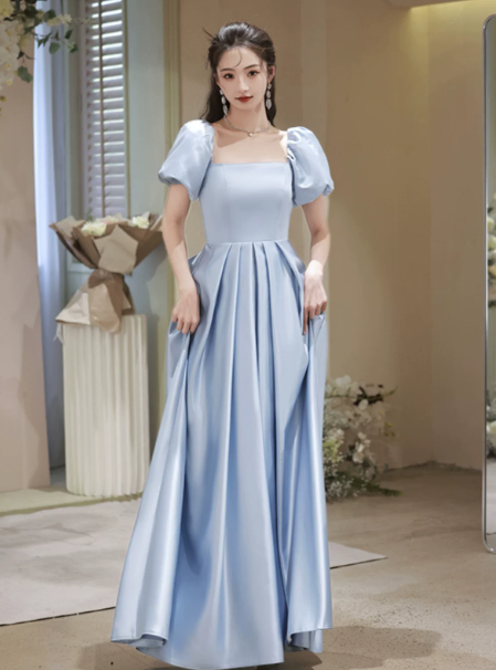 Minimalist Blue Prom Dress ,A-Line Square-neck Puff Sleeves Corset Maxi Evening Dress RS1109