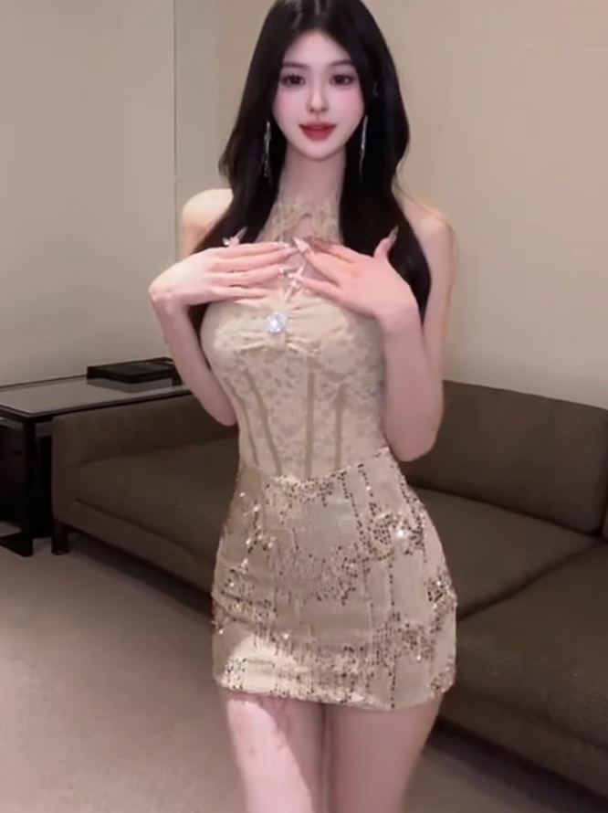 Large size French pure desire feeling lace patchwork dress sequin hip skirt R1864