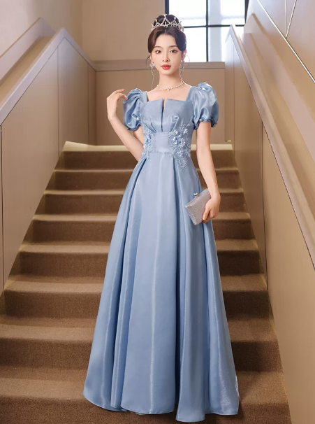 Elegant Blue Prom Dress ,A-Line Square-neck Puff Sleeves Embroidery Corset Maxi Evening Dress RS1110