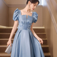 Elegant Blue Prom Dress ,A-Line Square-neck Puff Sleeves Embroidery Corset Maxi Evening Dress RS1110
