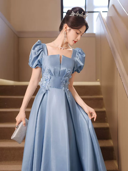 Elegant Blue Prom Dress ,A-Line Square-neck Puff Sleeves Embroidery Corset Maxi Evening Dress RS1110