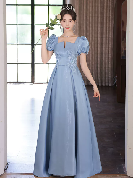 Elegant Blue Prom Dress ,A-Line Square-neck Puff Sleeves Embroidery Corset Maxi Evening Dress RS1110