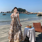 Bohemian style v-neck floral suspender dress temperament waist A-line long skirt R0592