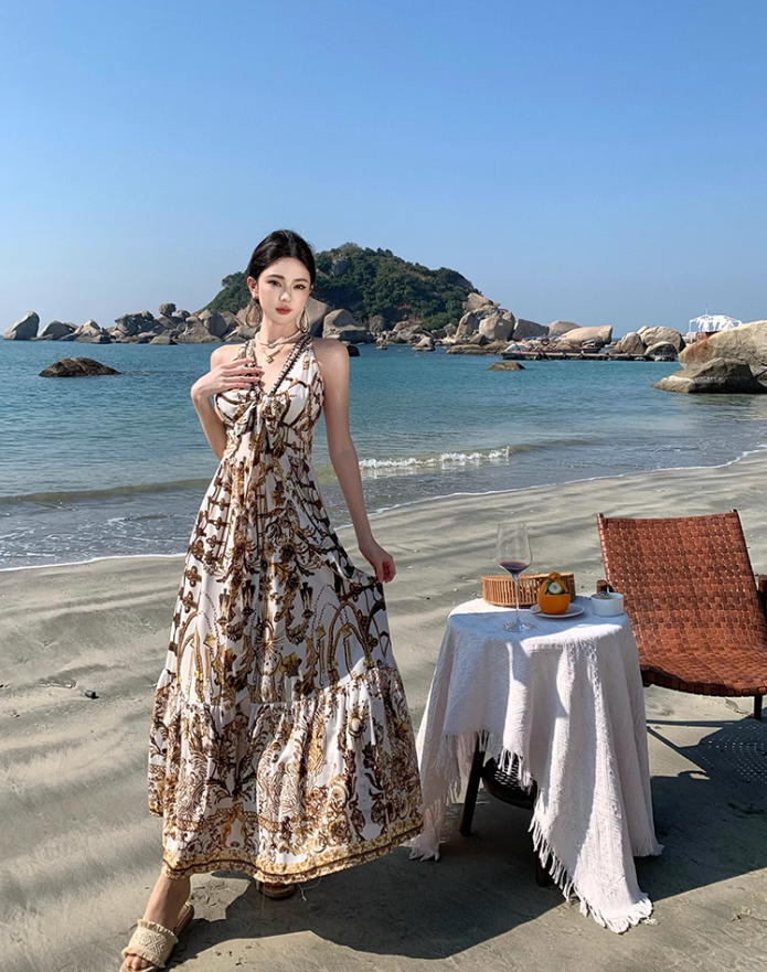 Bohemian style v-neck floral suspender dress temperament waist A-line long skirt R0592