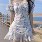 Blue and white floral one-shoulder waist fresh A-line short skirt homecoming dress R3999