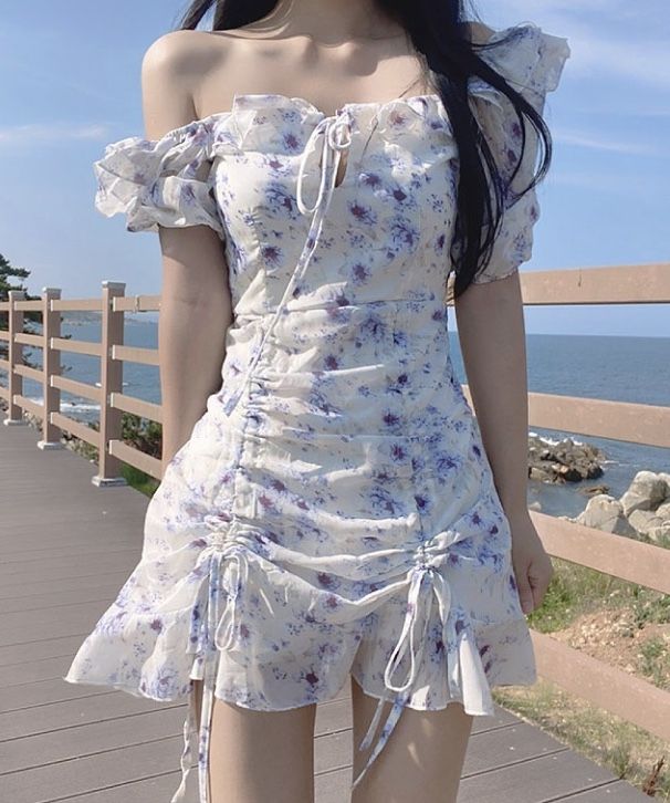 Blue and white floral one-shoulder waist fresh A-line short skirt homecoming dress R3999