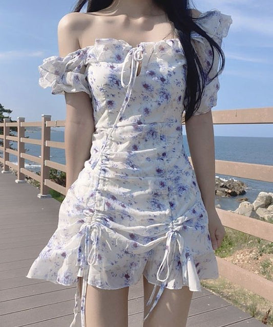 Blue and white floral one-shoulder waist fresh A-line short skirt homecoming dress R3999