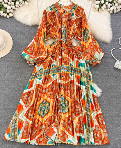 Light luxury temperament lantern long sleeve round neck waist single breasted print elegant dress R0403