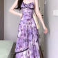 Purple oil painting floral suspender dress beautiful waist A-line long skirt R0749