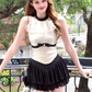 Large size French pure desire sweet contrast color top black puffy skirt gentle suit R1855
