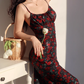 French sexy backless waist slim rose print retro suspender long dress holiday dress R2803