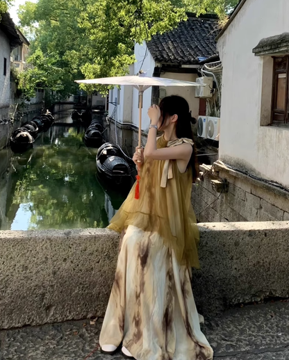 New Chinese style temperament holiday beach long skirt mesh tie-dye fake two-piece dress R1698