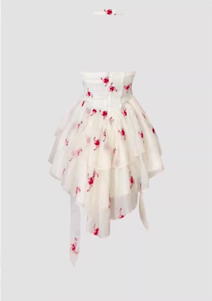 Pure desire design halter neck floral dress 2025 sexy backless waist A-line short skirt R1086