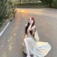 Atmosphere wear white lace sleeveless vest dress beautiful temperament waist A-line long skirt R0421