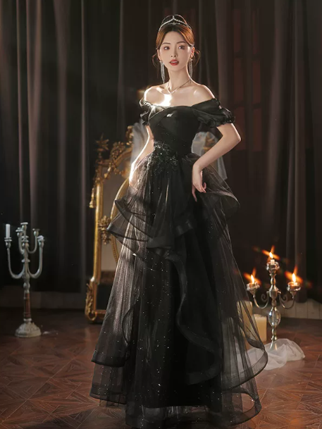 Elegant Black Prom Dress ,A-Line Bateau Tulle Glitter Bodycon Maxi Evening Dress RS1112