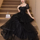 Elegant Black Prom Dress ,A-Line Bateau Tulle Glitter Bodycon Maxi Evening Dress RS1112
