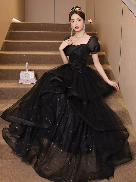 Elegant Black Prom Dress ,A-Line Bateau Tulle Glitter Bodycon Maxi Evening Dress RS1112