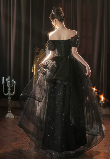 Elegant Black Prom Dress ,A-Line Bateau Tulle Glitter Bodycon Maxi Evening Dress RS1112