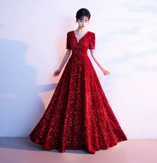 Glitter Red Sequins Prom Dress ,A-Line V-neck Bodycon Maxi Evening Dress RS1113