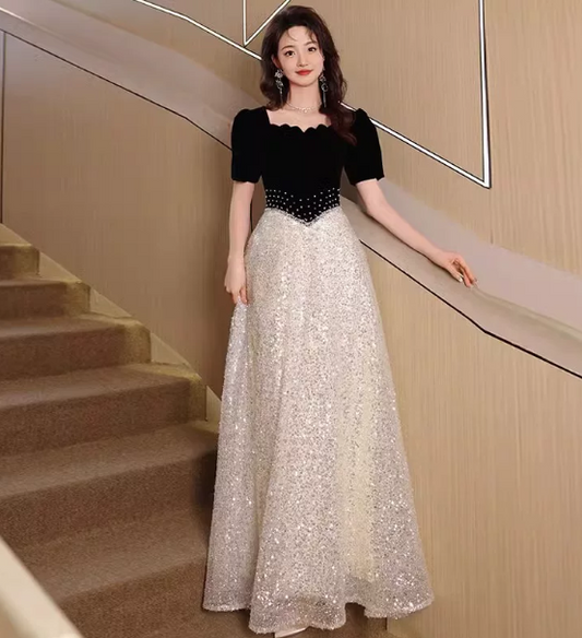 Elegant Black and White Beaded Prom Dress ,A-Line Square-neck Bodycon Maxi Evening Dress RS1114