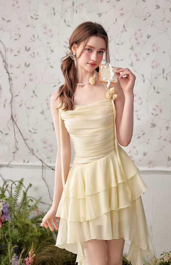 French style ruffled suspender dress for women with a short skirt R4540