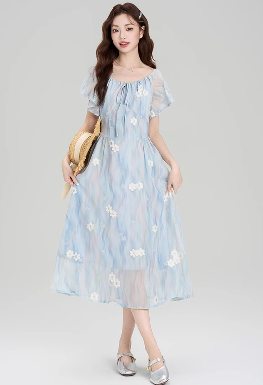French blue beautiful floral dress new style holiday style waist temperament long skirt R2398