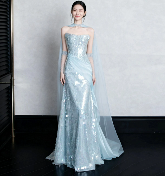 French Chic Pale Blue Sequins Prom Dress ,Mermaid Strapless Glitter Bodycon Maxi Evening Dress RS1116