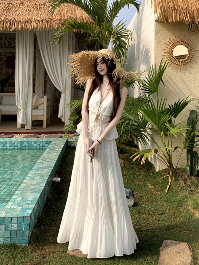 Fairy's complete outfit: strappy v-neck lace vest skirt two-piece set R1738