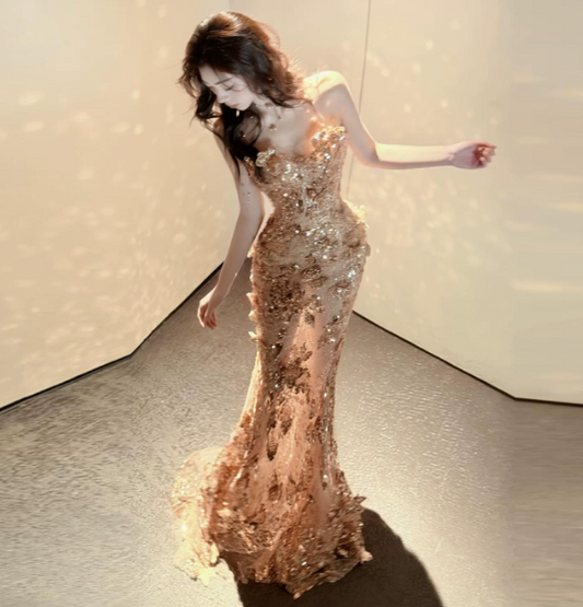 Glitter Golden Sequins Prom Dress ,Mermaid Sweetheart Applique Bodycon Maxi Evening Dress RS1117
