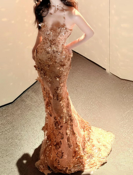 Glitter Golden Sequins Prom Dress ,Mermaid Sweetheart Applique Bodycon Maxi Evening Dress RS1117